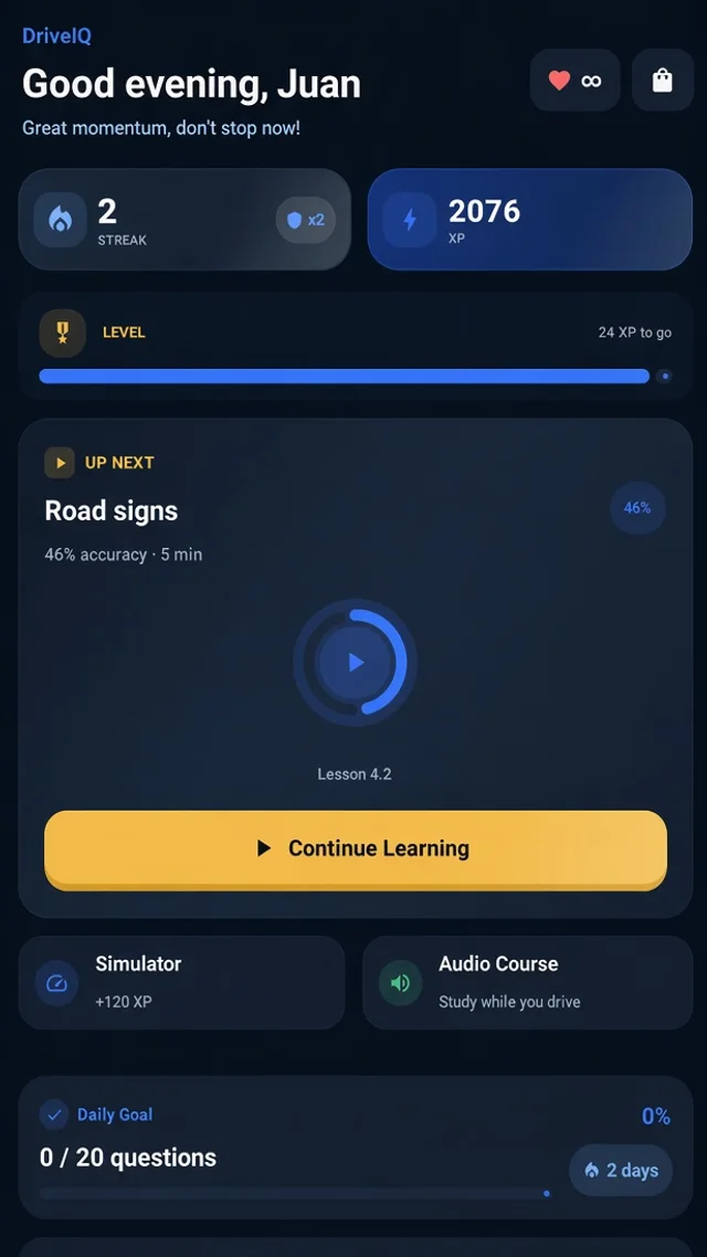 DriveIQ home screen with a study streak, XP progress and the next lesson