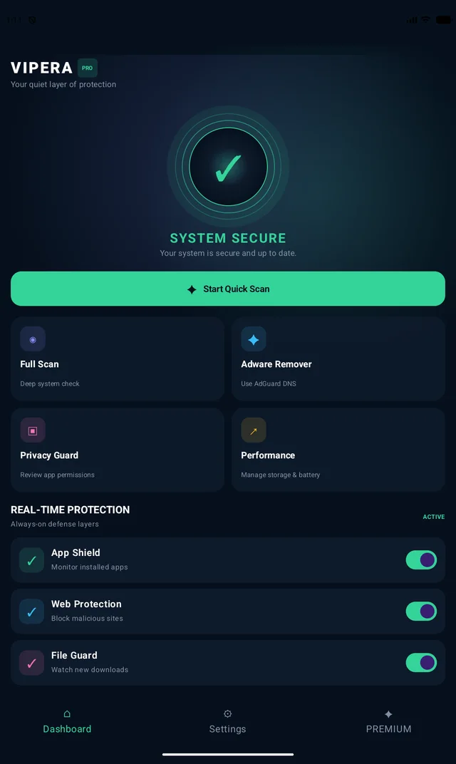 Vipera dashboard showing a secure status, a quick-scan button, scan tools and real-time protection switches